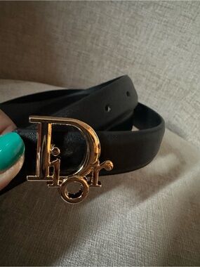 Black Leather Belt with Gold 'Dior' Style Logo Buckle